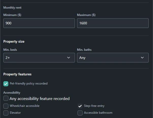 RoomToLive housing filters for monthly rent, bedrooms, accessibility features, and pet policies.