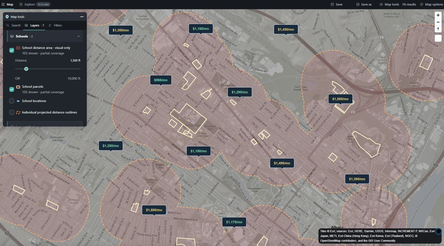 RoomToLive map showing demonstration rental listings beside red school-distance shading.