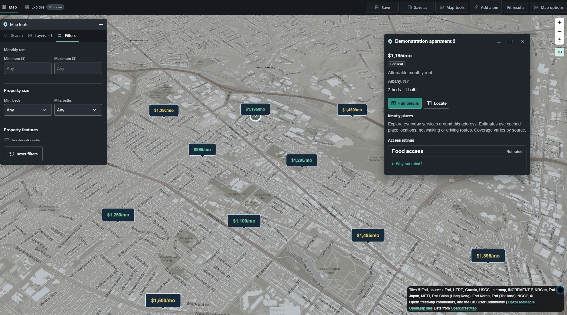 RoomToLive housing map with fictional rent markers and a selected demonstration apartment.